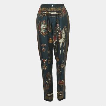 Pre Owned Dolce & Gabbana Midnight Blue Military Print Silk Trousers XL