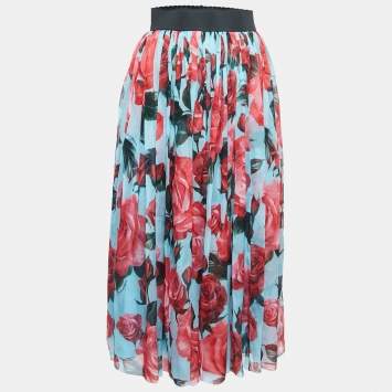 Pre Owned Dolce & Gabbana Light Blue Floral Printed Chiffon Midi Skirt XS