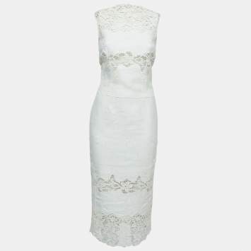 Pre Owned Dolce & Gabbana Cream Linen Blend Sheath Midi Dress XS