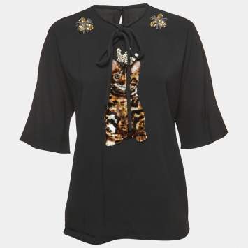 Pre Owned Dolce & Gabbana Black Crepe Embellished Cat Patch Detailed Blouse M