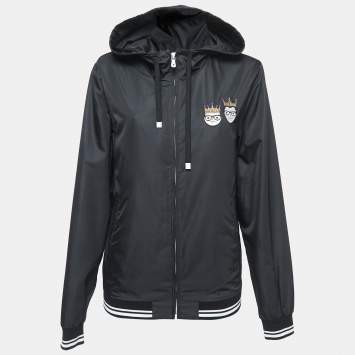 Pre Owned Dolce & Gabbana Black Synthetic Patch Detailed Zip Front Hooded Jacket L