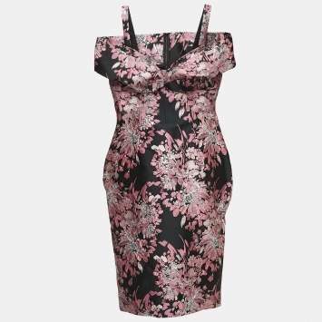 Pre Owned Dolce & Gabbana Black/Pink Lurex Jacquard Off Shoulder Corseted Midi Dress XL