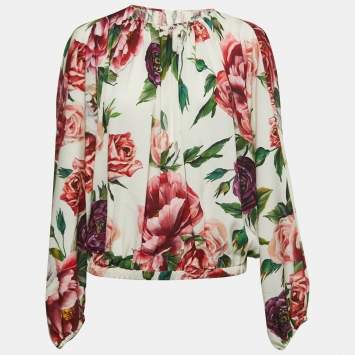 Pre Owned Dolce & Gabbana White Floral Printed Silk Blouse M
