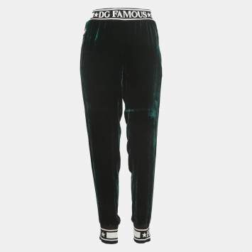 Pre Owned Dolce & Gabbana Dark Green Velvet Logo Trimmed  Joggers M