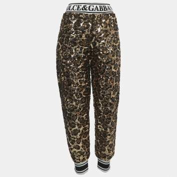 Pre Owned Dolce & Gabbana Gold/Black Sequined Logo Detailed Drawstring Joggers M