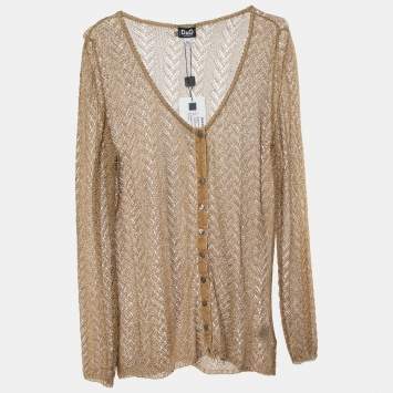 مملوكة مسبقًا Dolce & Gabbana Gold Lurex Crochet Knit Sheer Button Front Shirt XL