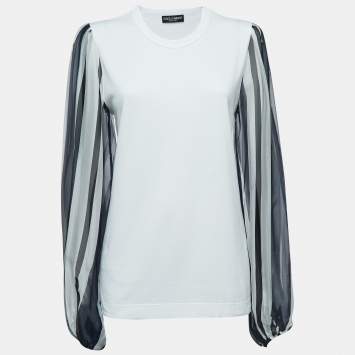 Pre Owned Dolce & Gabbana White Cotton Striped Silk Balloon Sleeve Top S