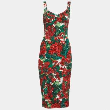Pre Owned Dolce & Gabbana Green/Red Floral Print Crepe Sleeveless Midi Dress S
