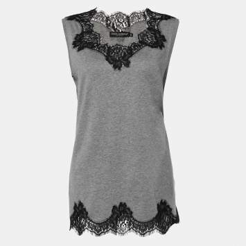 Pre Owned Dolce & Gabbana Grey Cotton Knit & Black lace Sleeveless T-Shirt M