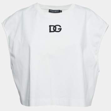 Pre Owned Dolce & Gabbana White Logo Embroidered Cotton Sleeveless Cropped T-Shirt M