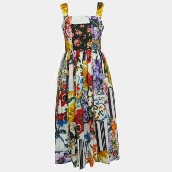 Pre Owned Dolce & Gabbana Multicolor Floral Print Cotton Sleeveless Midi Dress M