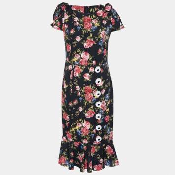 Pre Owned Dolce & Gabbana Black Floral Printed Silk Midi Dress M