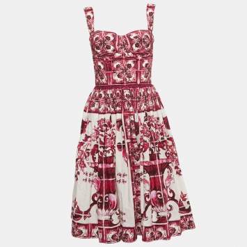 Pre Owned Dolce & Gabbana Pink Majolica Print Cotton Pleated Short Dress M