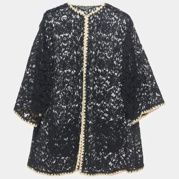 Pre Owned Dolce & Gabbana Black Floral Lace Raffia Trimmed Cape Coat L