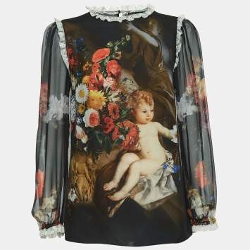 Pre Owned Dolce & Gabbana Black Cherub Printed Silk Blouse S