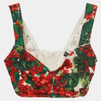 Pre Owned Dolce & Gabbana White/Red Floral Printed Crepe Crop Top M