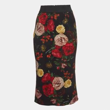 Pre Owned Dolce & Gabbana Black Floral Print Crepe Pencil Skirt XS