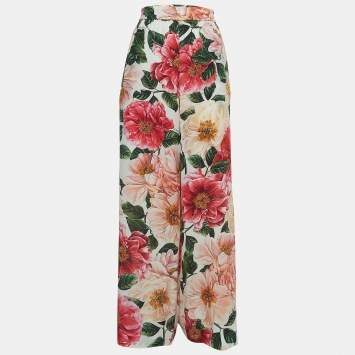 Pre Owned Dolce & Gabbana Pink Floral Printed Silk Wide Leg Pants XL