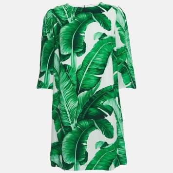 Pre Owned Dolce & Gabbana Green Leaf Printed Crepe Mini Dress L