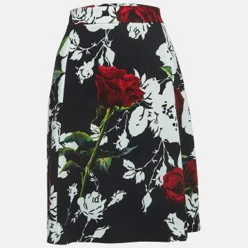 Pre Owned Dolce & Gabbana Black Floral Print Crepe A-Line Skirt L