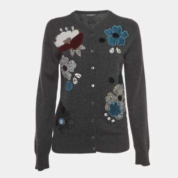 Pre Owned Dolce & Gabbana Grey Floral Applique Cashmere Cardigan M