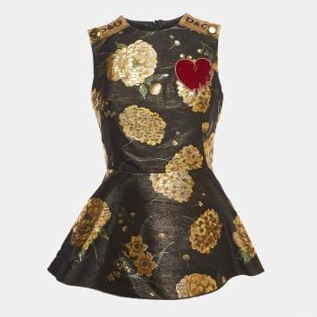 Pre Owned Dolce & Gabbana Black/Metallic Floral Jacquard Peplum Top S