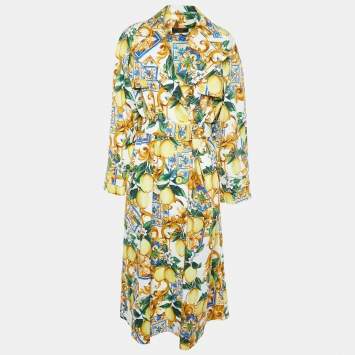 Pre Owned Dolce & Gabbana Yellow/White Limoni Print Cotton Double Breasted Coat M