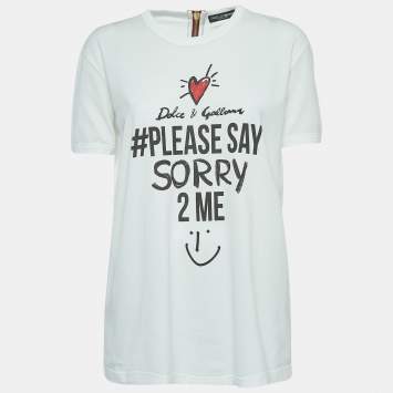 Pre Owned Dolce & Gabbana White Print Cotton Zip Detail Half Sleeve T-Shirt M
