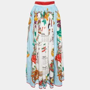 Pre Owned Dolce & Gabbana White Calendar Print Cotton Gathered Maxi Skirt M