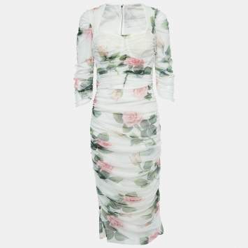 Pre Owned Dolce & Gabbana White Floral Printed Tulle Ruched Midi Dress L