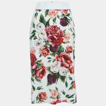 Pre Owned Dolce & Gabbana White/Multicolor Floral Printed Crepe Midi Skirt L
