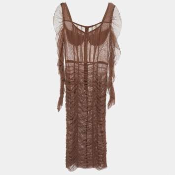 Pre Owned Dolce & Gabbana Brown Tulle Ruched Long Dress L 