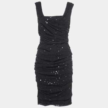 Pre Owned Dolce & Gabbana Black Tulle Ruched Mini Dress M
