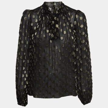 Pre Owned Dolce & Gabbana Black/Gold Dotted Lurex Silk High Neck Top S