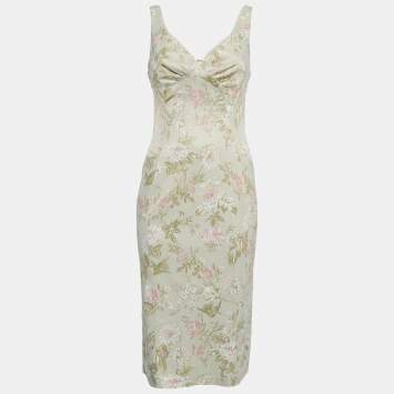 Pre Owned D&G Sage Green Floral Print Silk Lace Accent Mini Dress S