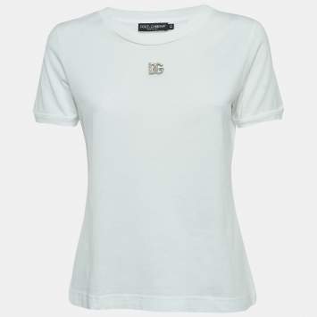 Pre Owned Dolce & Gabbana White Cotton Crystal Embellished Logo T-Shirt M