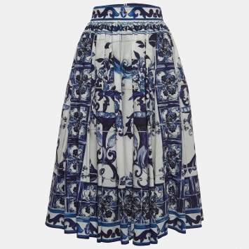 Pre Owned Dolce & Gabbana White/Blue Majolica Print Cotton Poplin Midi Skirt M