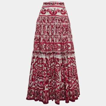 Pre Owned Dolce & Gabbana White/Pink Majolica Print Cotton Poplin Maxi Skirt M