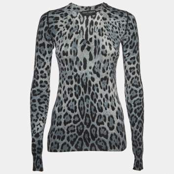 Pre Owned Dolce & Gabbana Blue Leopard Print Cashmere V-Neck Sweater S