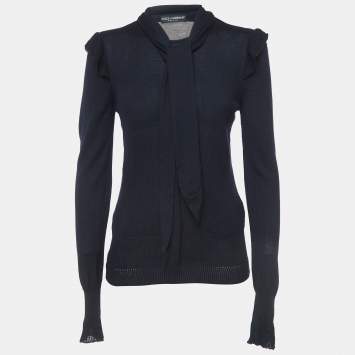 Pre Owned Dolce & Gabbana Navy Blue Cashmere and Silk Knit Neck Tie Top M