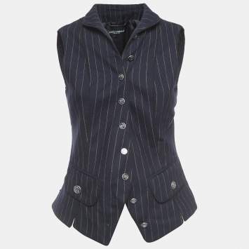 Pre Owned Dolce & Gabbana Navy Blue Striped Wool Buttoned Vest M