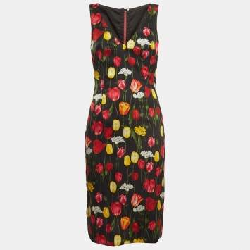 Pre Owned Dolce & Gabbana Black Tulips Print Satin Silk Sleeveless Midi Dress M