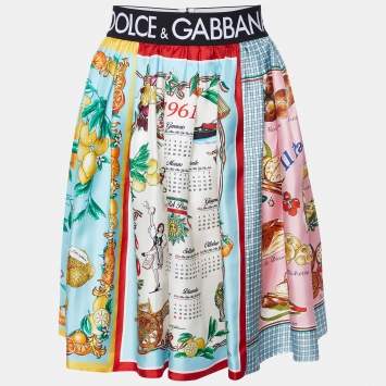 Pre Owned Dolce & Gabbana Multicolor Printed Silk Mixed Panel Mini Skirt L
