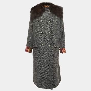 Pre Owned Dolce & Gabbana Grey Wool Blend and Fur Double Breasted Long Coat M