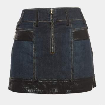 Pre Owned Dolce & Gabbana Blue Denim and Faux Leather Trim Detail Mini Skirt M
