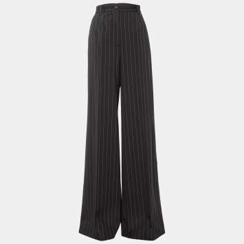 Pre Owned Dolce & Gabbana Brown Pinstriped Wool Wide Leg Trousers M