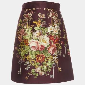 Pre Owned Dolce & Gabbana Burgundy Floral Jacquard Silk and Wool Pleated Short Skirt M