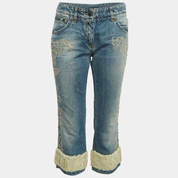 Pre Owned Dolce & Gabbana Blue Embroidered Shearling Trimmed Denim Cropped Jeans M Waist 34''