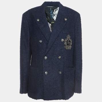Pre Owned Dolce & Gabbana Navy Blue Logo Embroidered Tweed Double Breasted Coat M