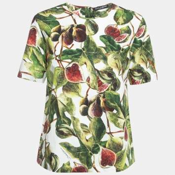 Pre Owned Dolce & Gabbana White/Green Fig Print Cotton Blouse S